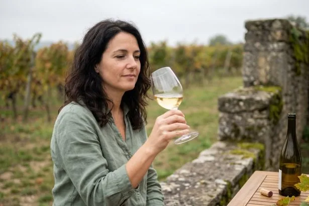 Femme dégustant un verre de Muscadet sur une terrasse en pierre dans les vignobles de la Loire au printemps
