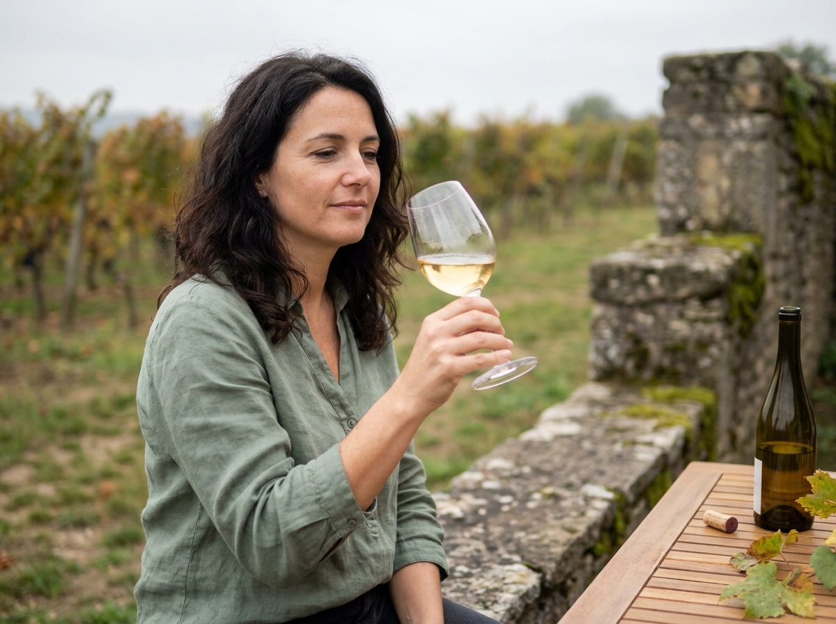 Femme dégustant un verre de Muscadet sur une terrasse en pierre dans les vignobles de la Loire au printemps