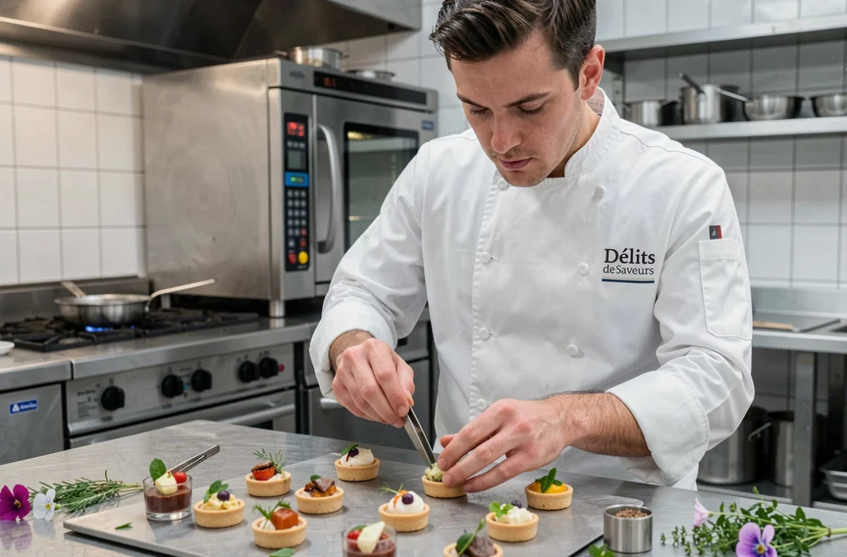 Chef du traiteur Délits de Saveurs assemblant des amuse-bouches gastronomiques avec précision