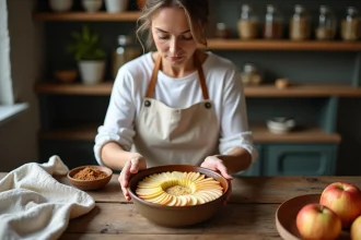 Femme préparant un dessert léger aux pommes sans beurre dans une cuisine rustique avec un plat en céramique