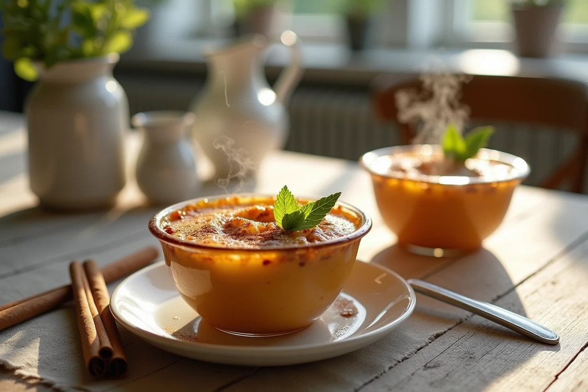 Dessert aux pommes cuit sans crème ni beurre servi en ramequins individuels avec cannelle et menthe fraîche