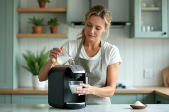 Femme versant du vinaigre blanc dans le réservoir d'une machine Tassimo Bosch pour détartrage maison sans pastille