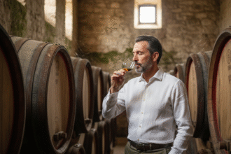 Homme distillateur dégustant un rhum vieux dans une cave en chêne