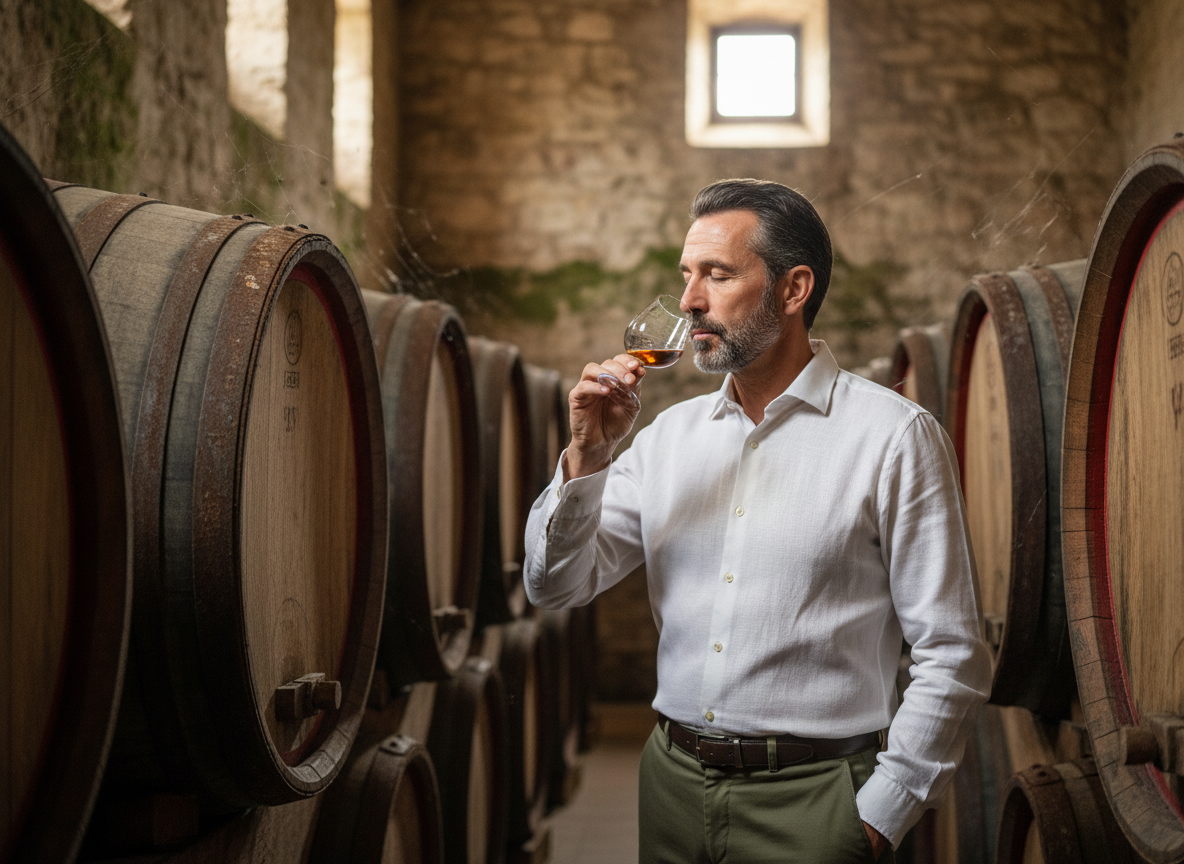 Homme distillateur dégustant un rhum vieux dans une cave en chêne
