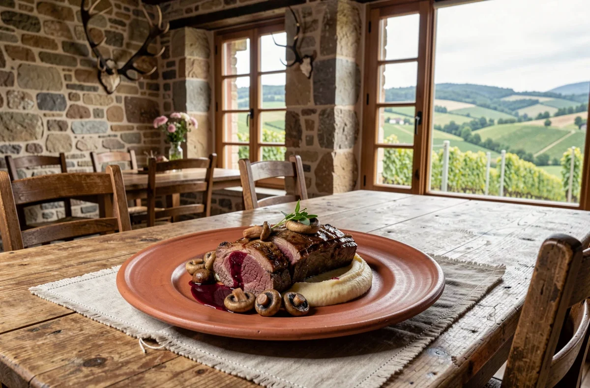 Assiette de terroir au Domaine de la Klauss à Montenach, avec côte de bœuf braisée et champignons dans un cadre de ferme rénovée face aux collines mosellanes