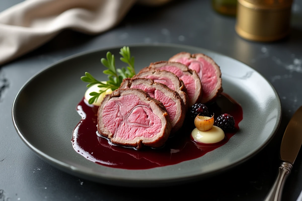 Gigot de chevreuil basse température tranché et dressé sur assiette avec jus au vin rouge et purée de céleri, présentation gastronomique