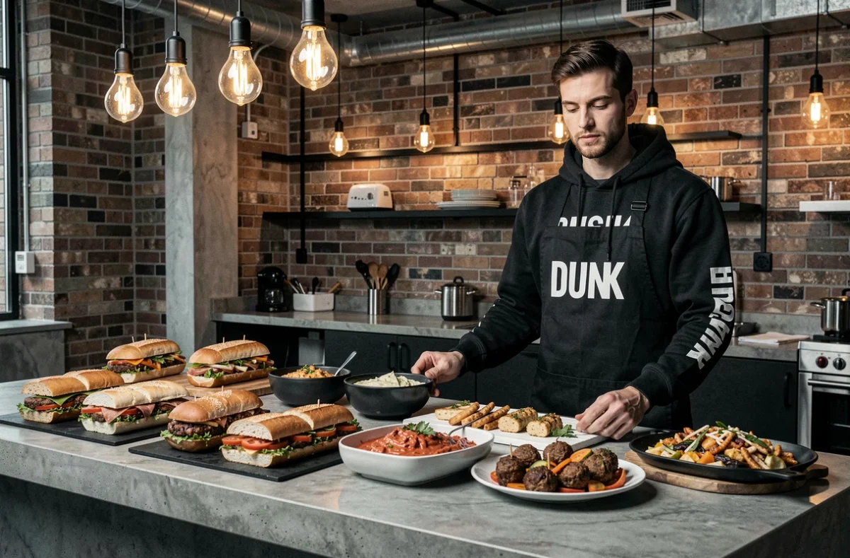 Traiteur Dunk présentant des créations culinaires street food modernes sur un comptoir en béton