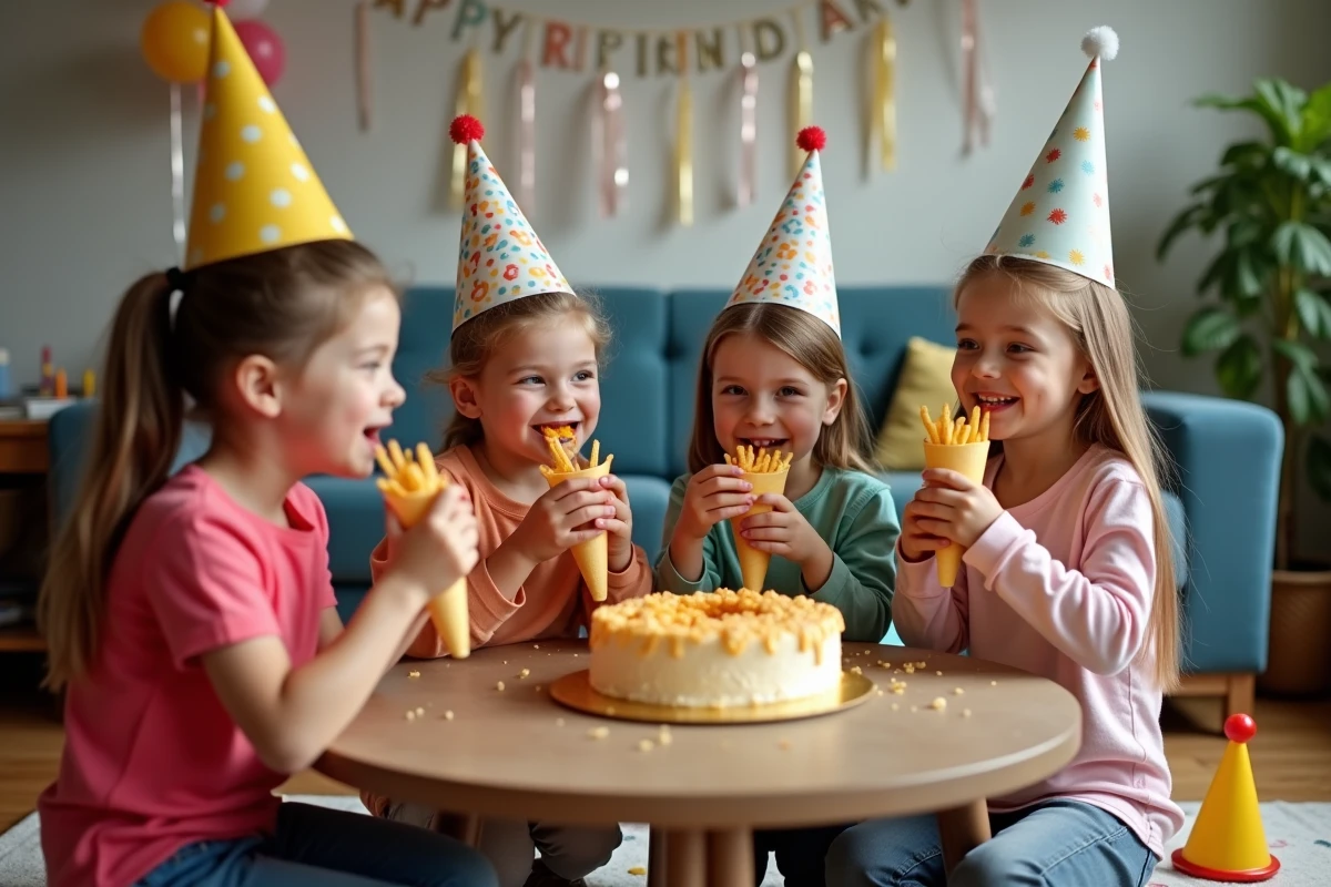 Groupe d'enfants heureux mangeant des frites dans des cornets individuels lors d'une fête d'anniversaire à la maison