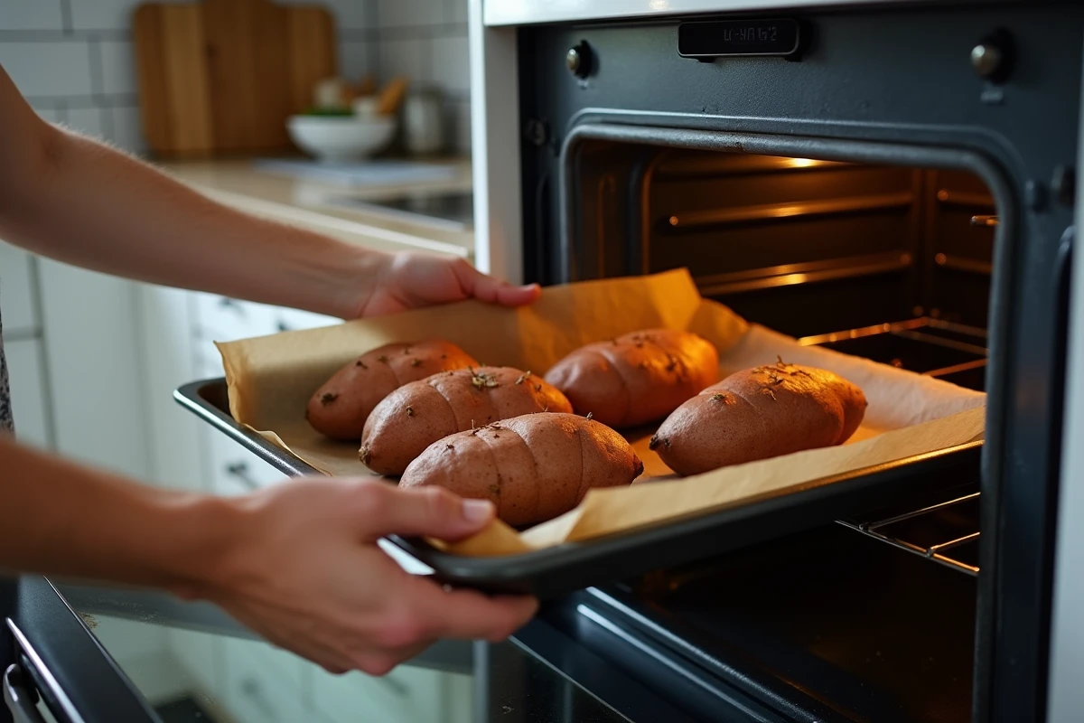 Mains enfournant des patates douces entières sur une plaque de cuisson dans un four domestique