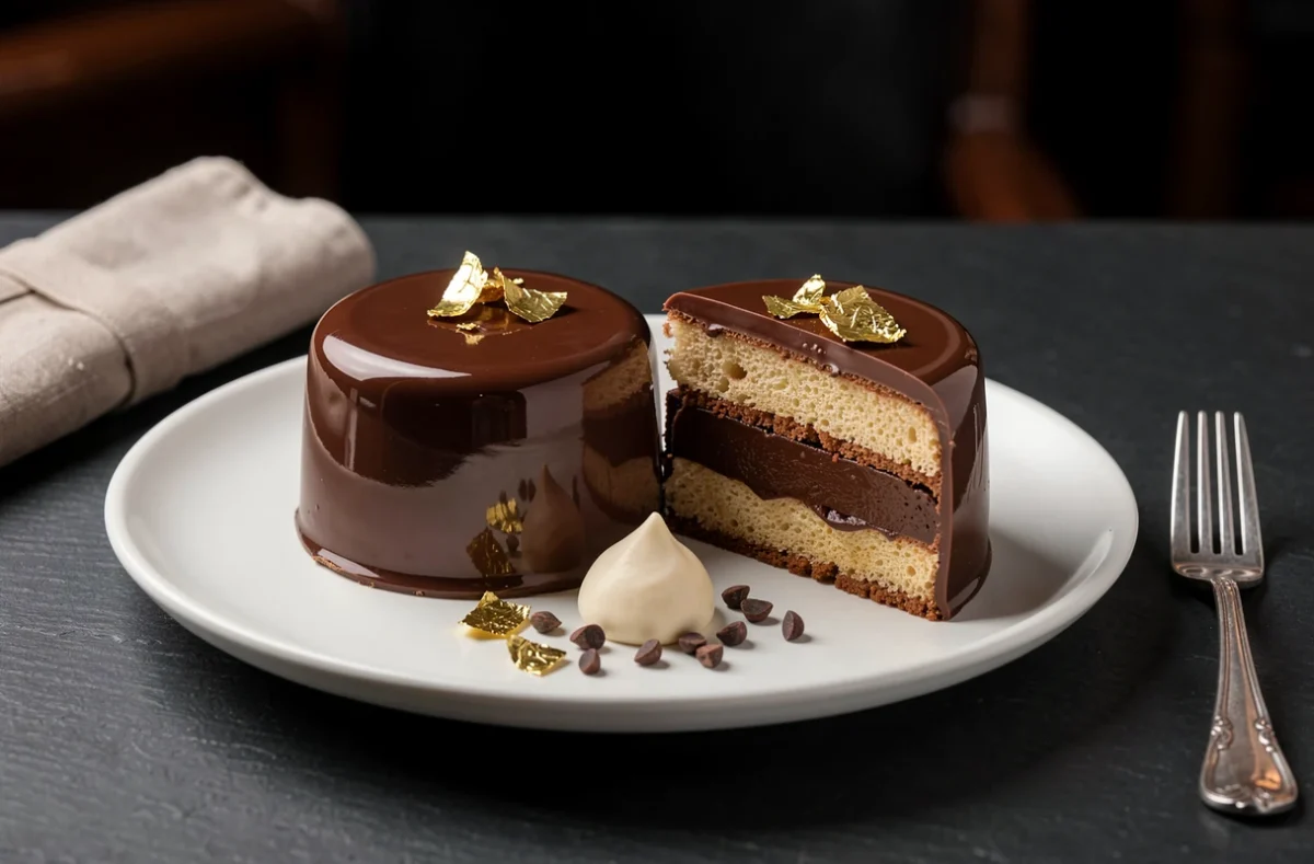 Entremet au chocolat avec crème pâtissière en coupe transversale sur assiette en céramique blanche dans un restaurant gastronomique