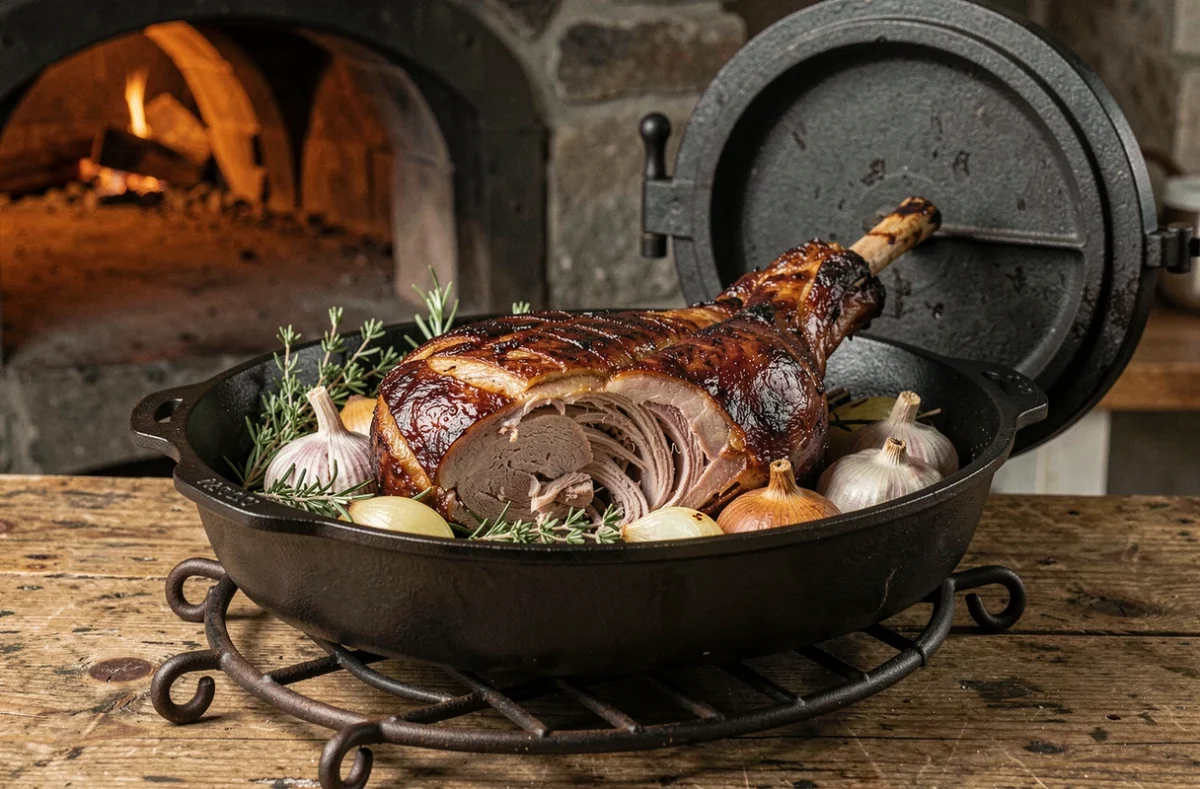 Épaule d'agneau confite en cocotte en fonte sortant du four traditionnel, avec ail rôti et herbes aromatiques dorées