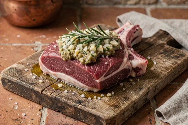 Épaule d'agneau crue marinée aux herbes et à l'ail sur une planche en bois rustique, prête pour la cuisson basse température