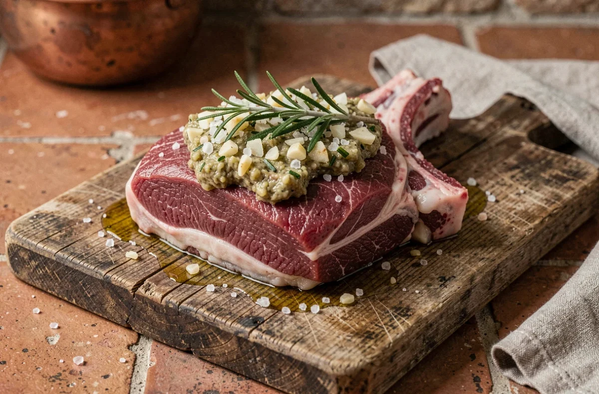 Épaule d'agneau crue marinée aux herbes et à l'ail sur une planche en bois rustique, prête pour la cuisson basse température