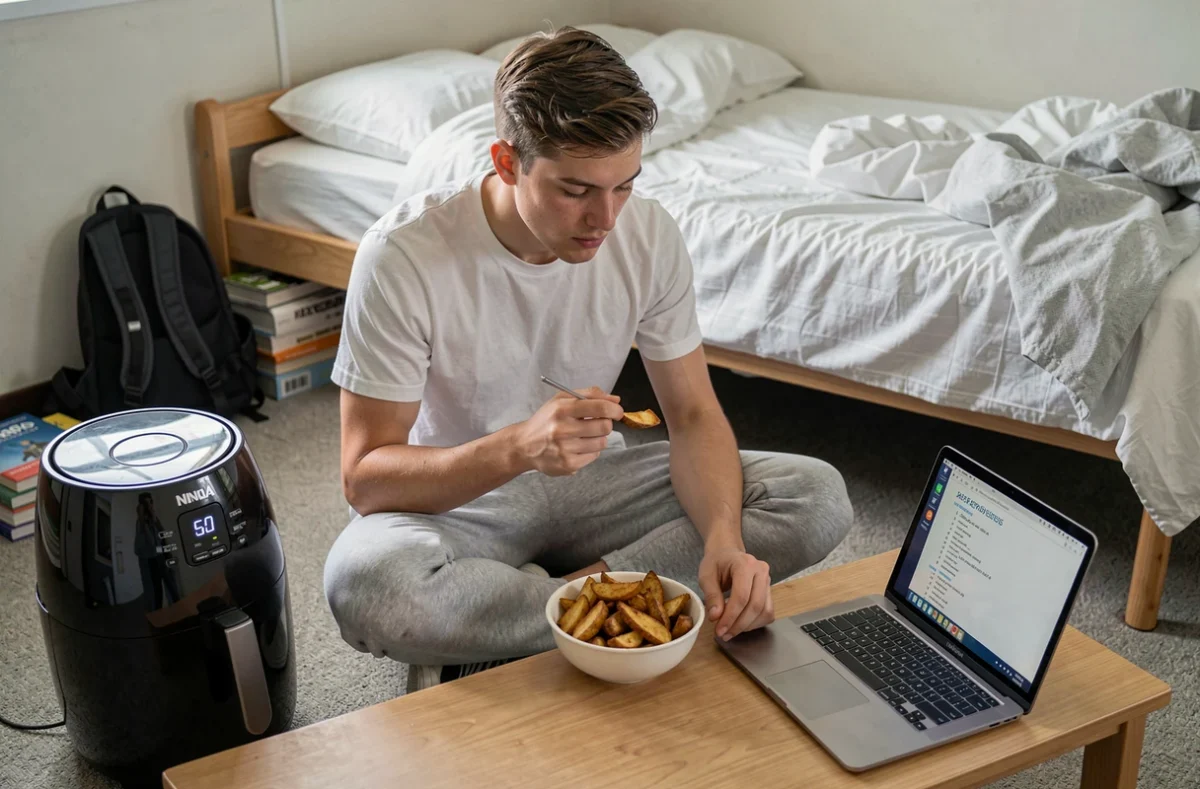 Étudiant mangeant des frites maison cuites à la air fryer Ninja dans une chambre de résidence universitaire