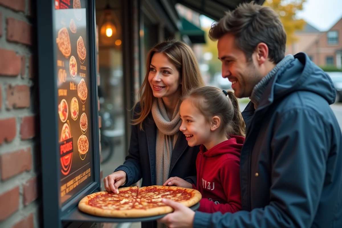 Famille choisissant une pizza dans un quartier résidentiel