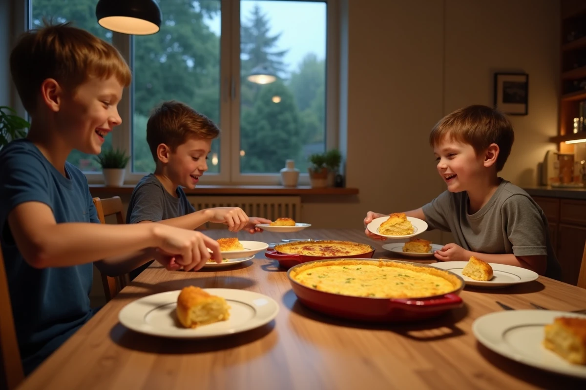 Famille partage un dîner avec quiche lorraine sur la table