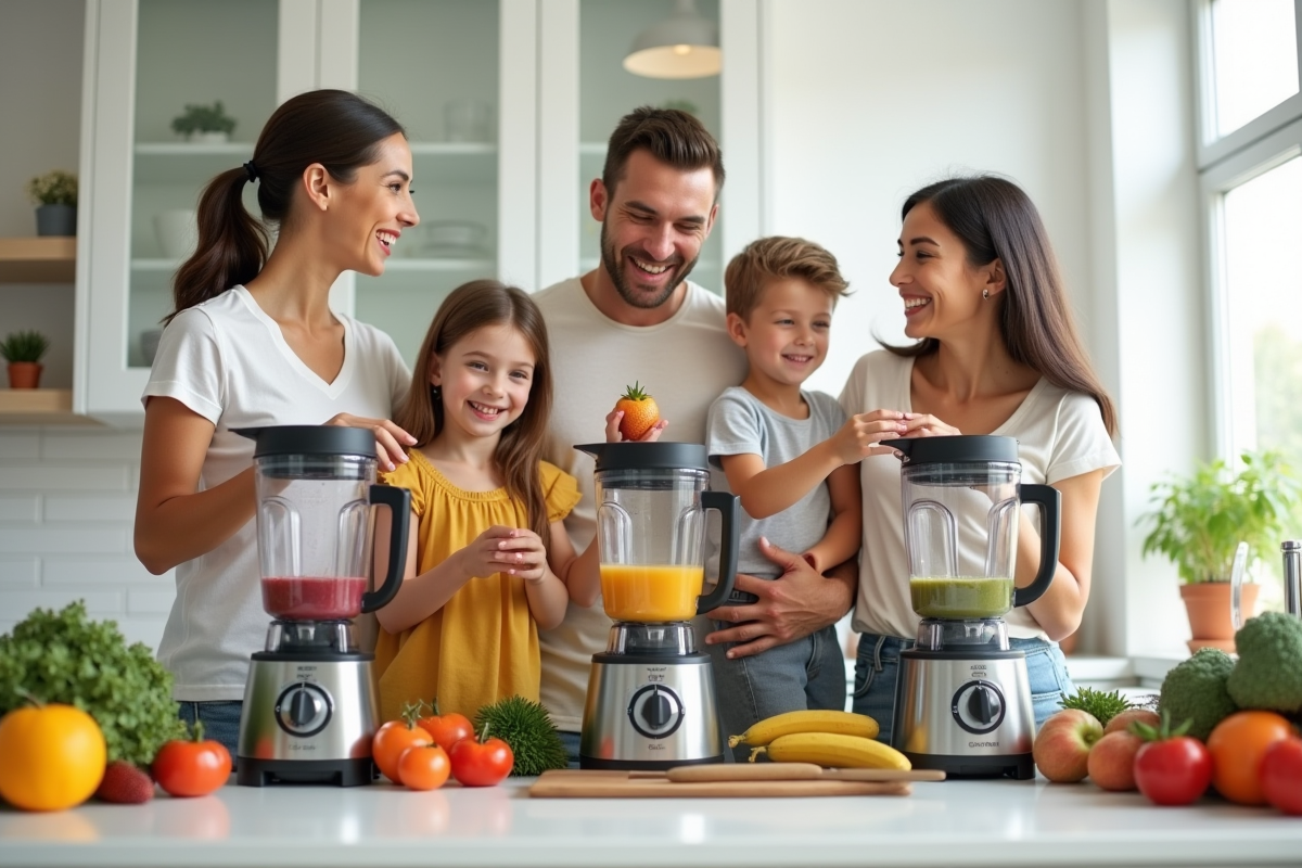 Famille heureuse utilisant des blenders pour faire des smoothies dans la cuisine