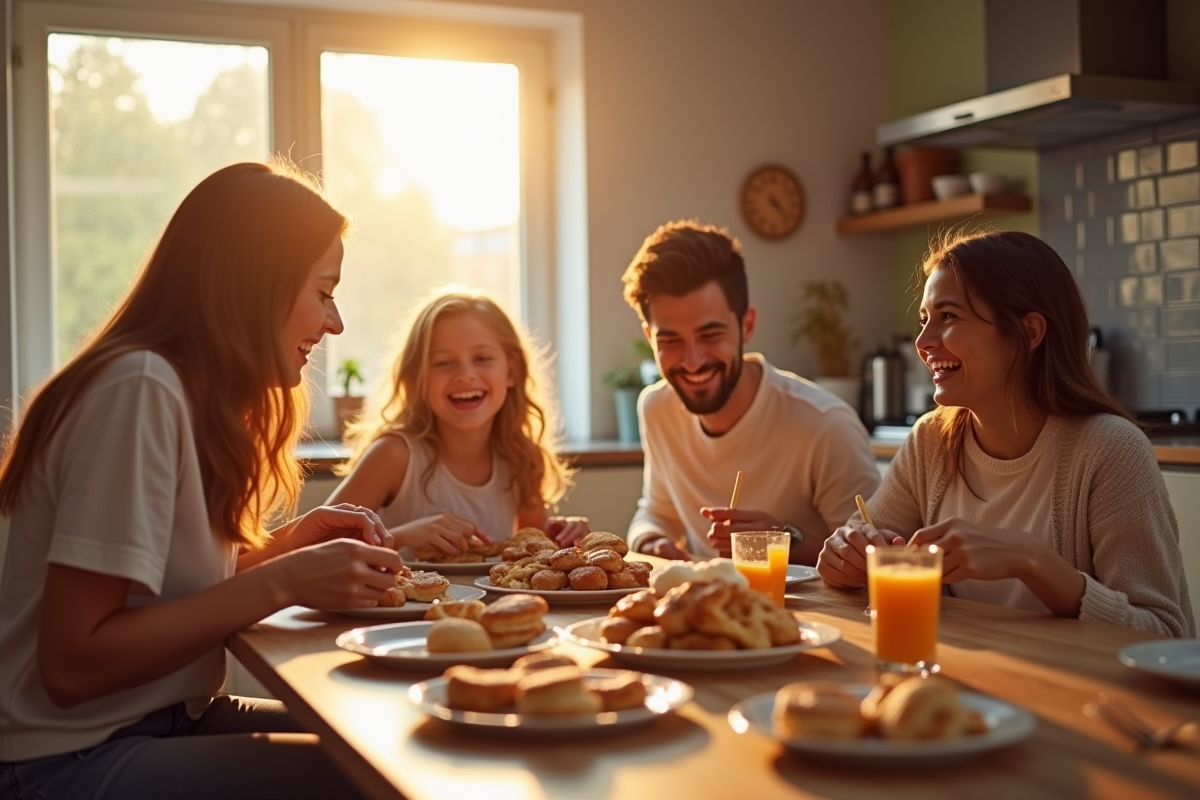 Famille partageant un petit déjeuner gourmand le matin