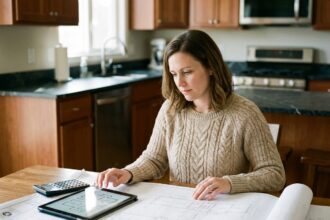 Femme en revue de plans dans une cuisine moderne