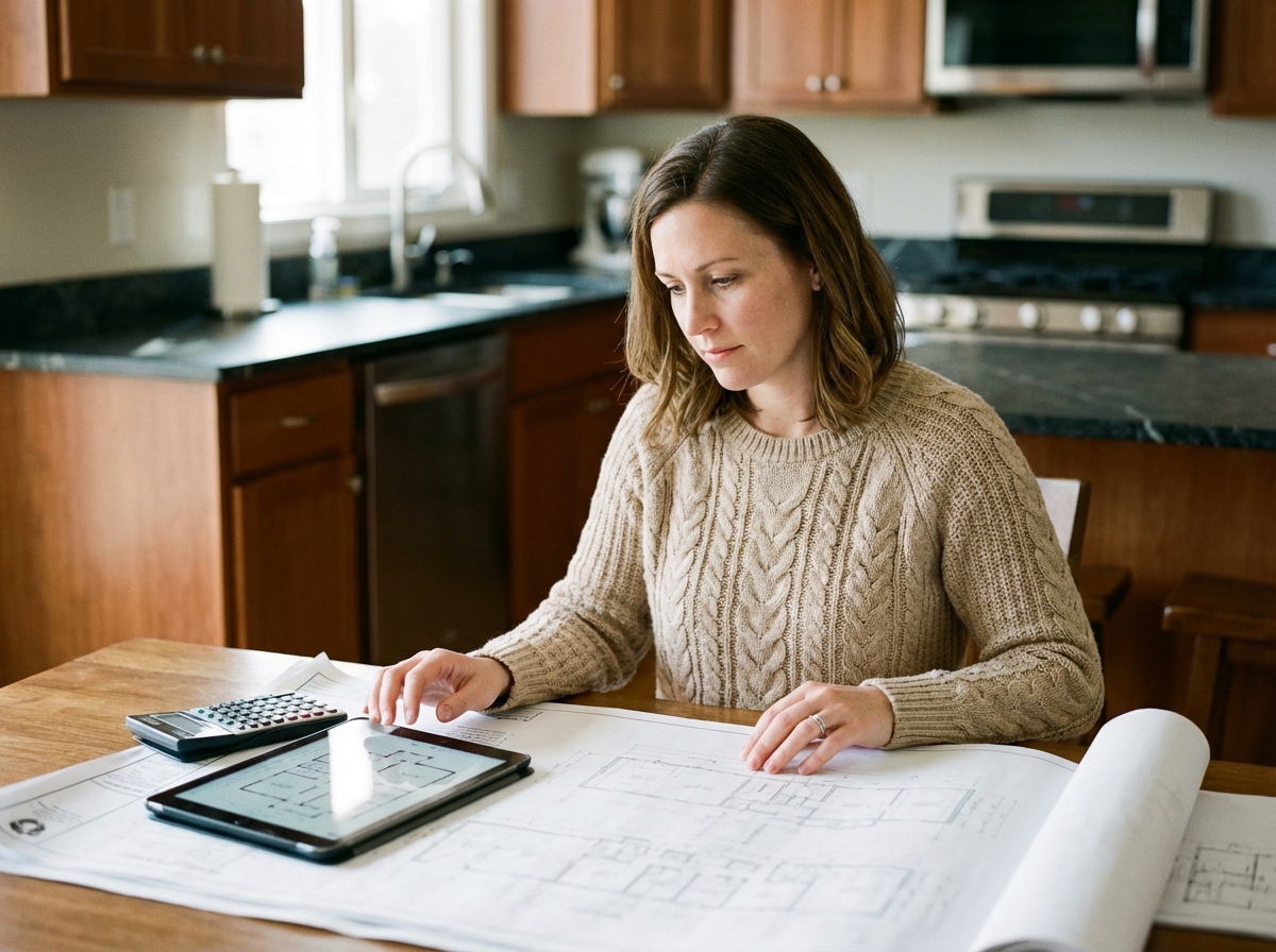 Femme en revue de plans dans une cuisine moderne