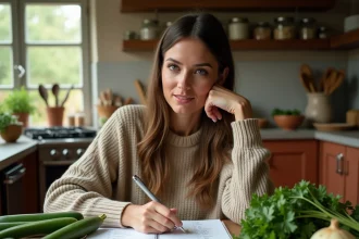 Femme étudiant les noms de légumes en V dans un carnet entourée de légumes frais sur une table en bois rustique