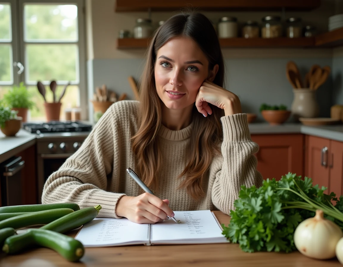 Femme étudiant les noms de légumes en V dans un carnet entourée de légumes frais sur une table en bois rustique