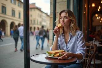 Jeune femme dégustant un sandwich dans un café de Carcassonne