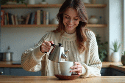 Femme versant du café dans une cuisine lumineuse