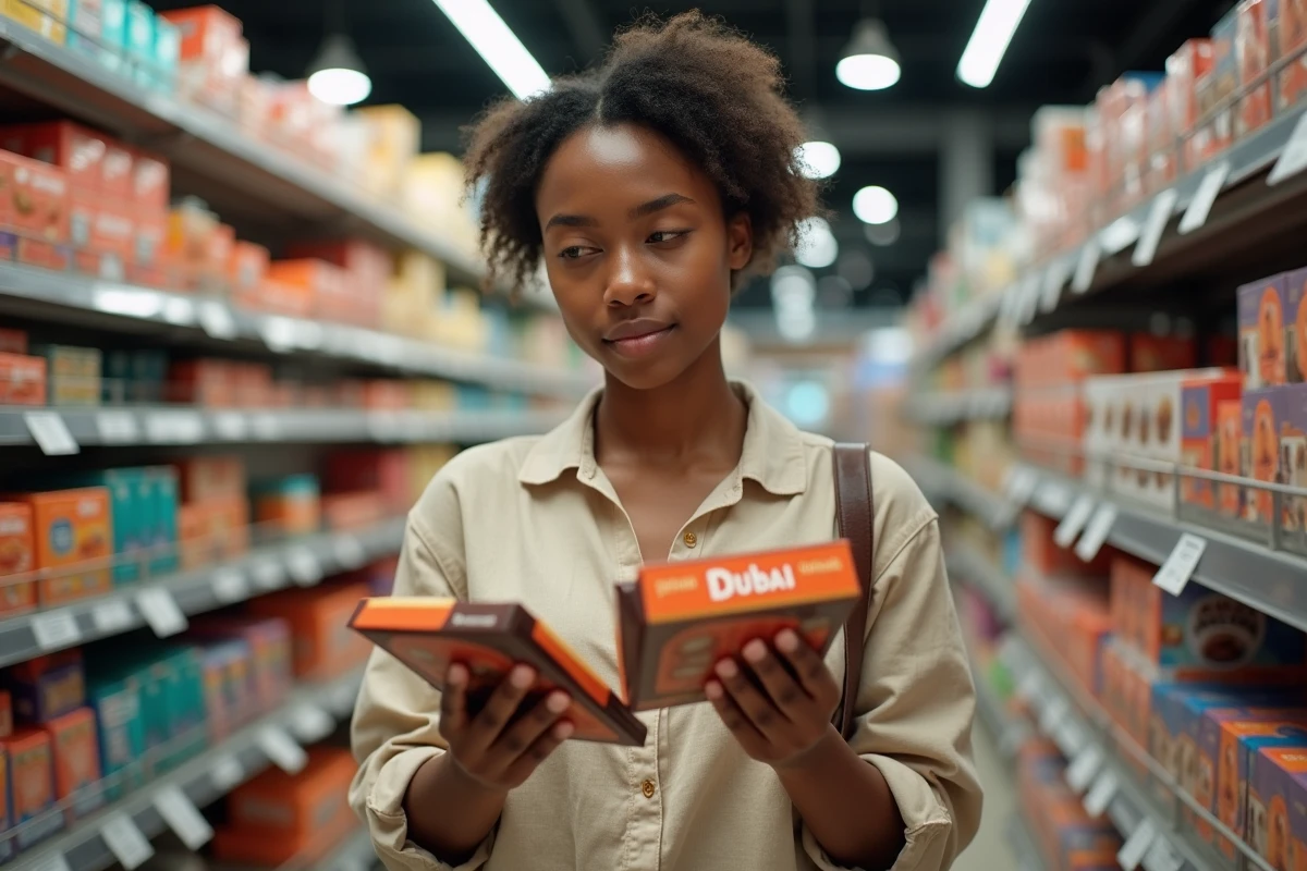 Jeune femme comparant des tablettes de chocolat Dubaï dans un rayon de supermarché avec étiquettes de prix visibles
