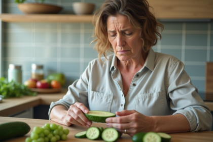 Femme examinant un concombre coupé dans la cuisine moderne