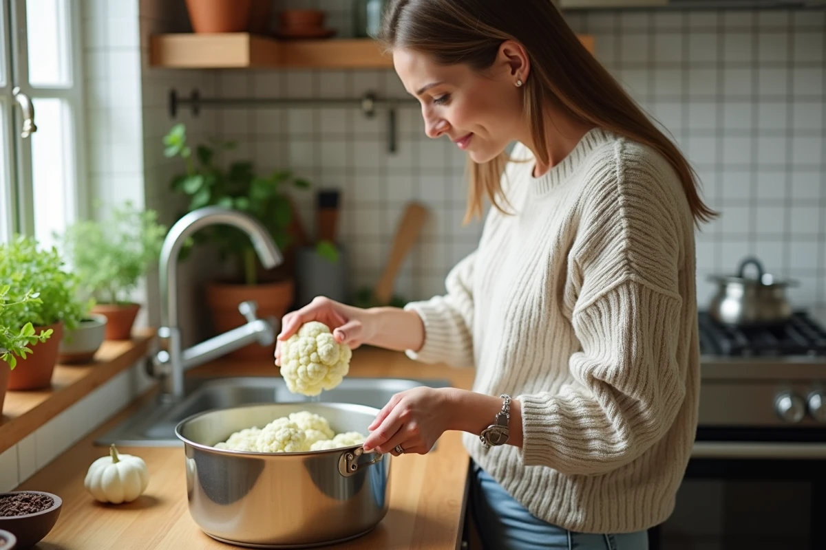 Femme versant des fleurettes de chou-fleur dans une casserole