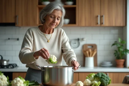 Femme préparant des bouquets de chou-fleur dans la cuisine