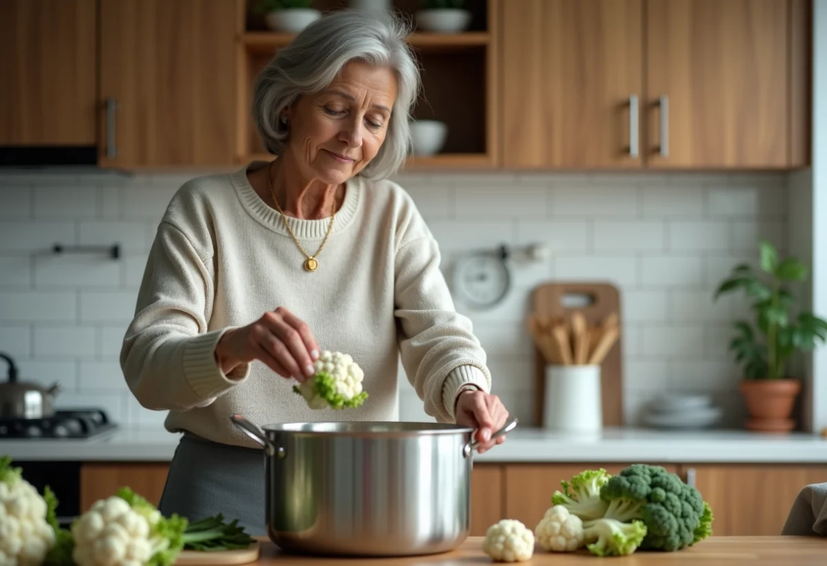 Femme préparant des bouquets de chou-fleur dans la cuisine