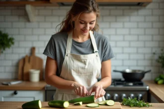 Femme coupant des courgettes fraîches sur une planche en bois dans une cuisine de soir de semaine