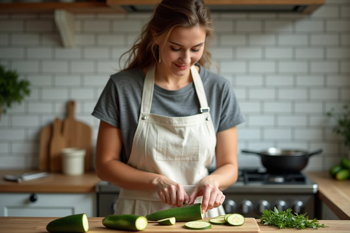 Femme coupant des courgettes fraîches sur une planche en bois dans une cuisine de soir de semaine