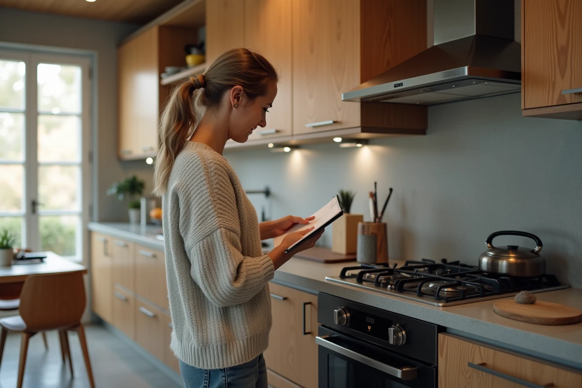 Femme d'âge moyen vérifiant le four moderne dans la cuisine
