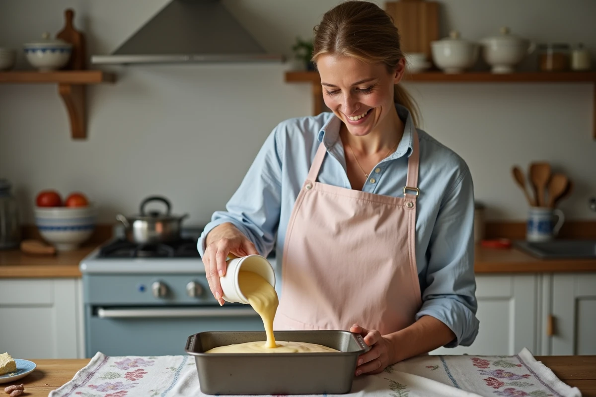 Femme souriante verse la pate dans un moule en cuisine bretonne