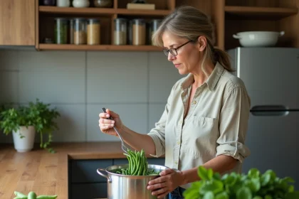 Femme en cuisine blanchissant des haricots verts frais