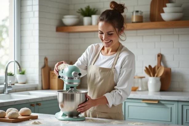 Femme souriante en tablier versant de la farine dans un robot pâtissier