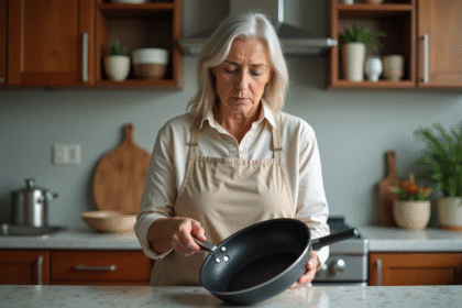 Femme examinant un vieux poêle antiadhésif dans la cuisine
