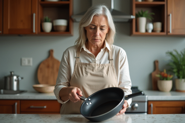Femme examinant un vieux poêle antiadhésif dans la cuisine