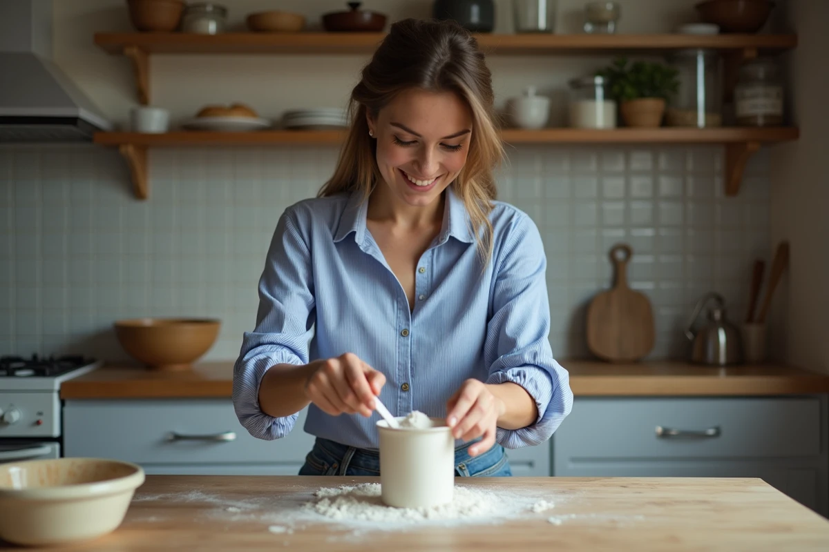 Jeune femme française prépare la pâte dans la cuisine