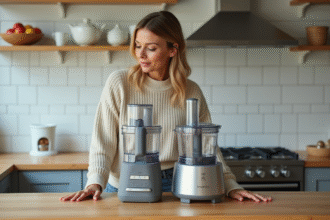 Femme comparant deux robots de cuisine modernes dans une cuisine lumineuse