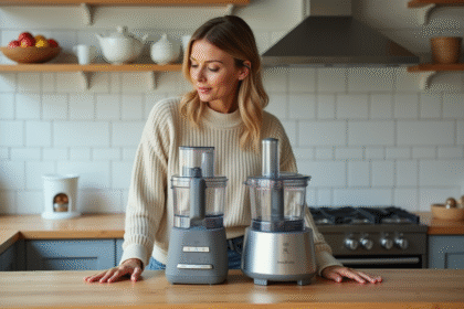Femme comparant deux robots de cuisine modernes dans une cuisine lumineuse