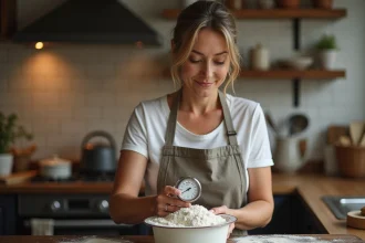 Femme en tablier farineuse réglant un thermometre de cuisine