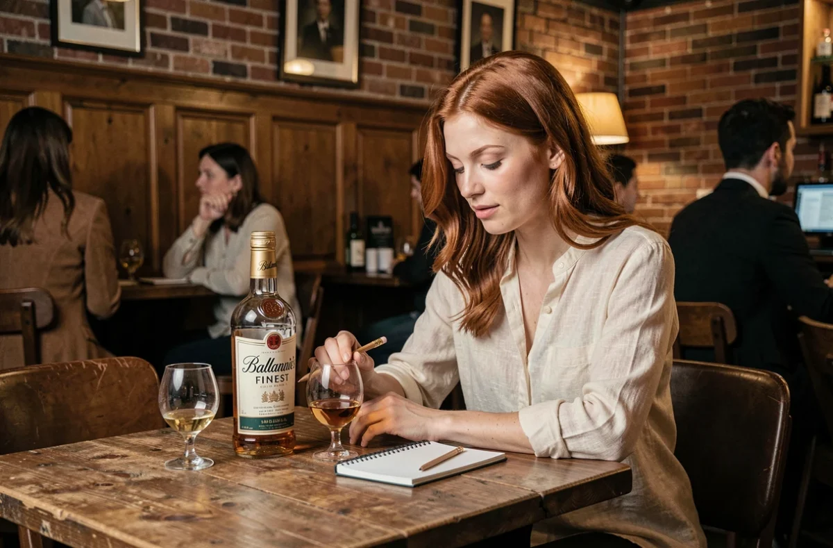Femme découvrant le whisky Ballantine's dans un bar avec une bouteille et des verres de dégustation