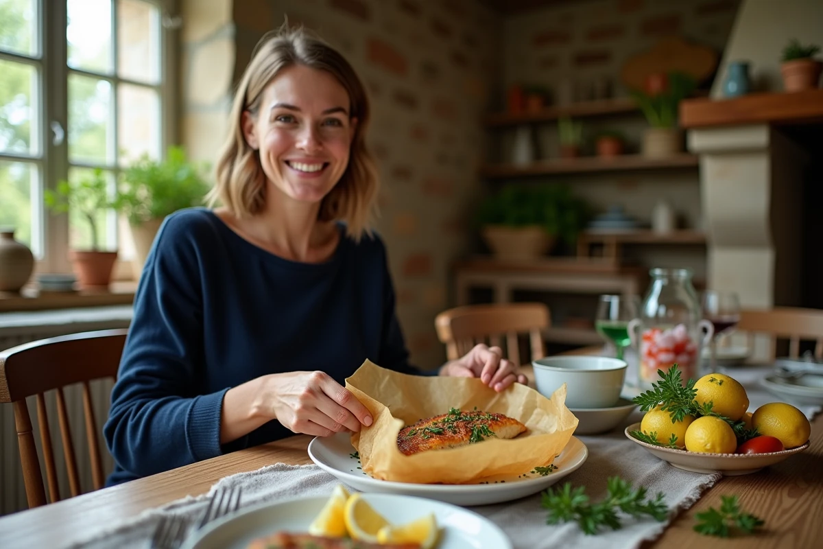 Jeune femme dégustant un poisson en papillote à la maison