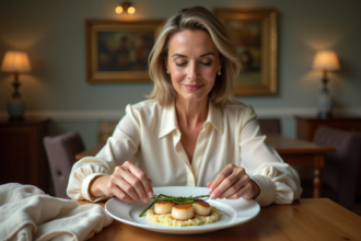 Femme élégante en train de préparer des coquilles Saint-Jacques dans une salle à manger raffinée