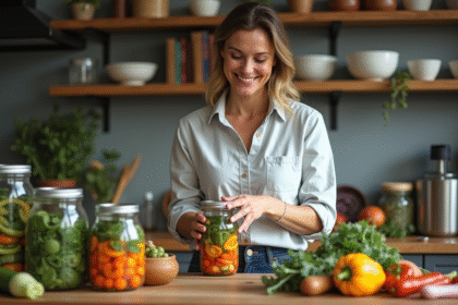 Femme souriante en cuisine avec bocaux de légumes fermentés