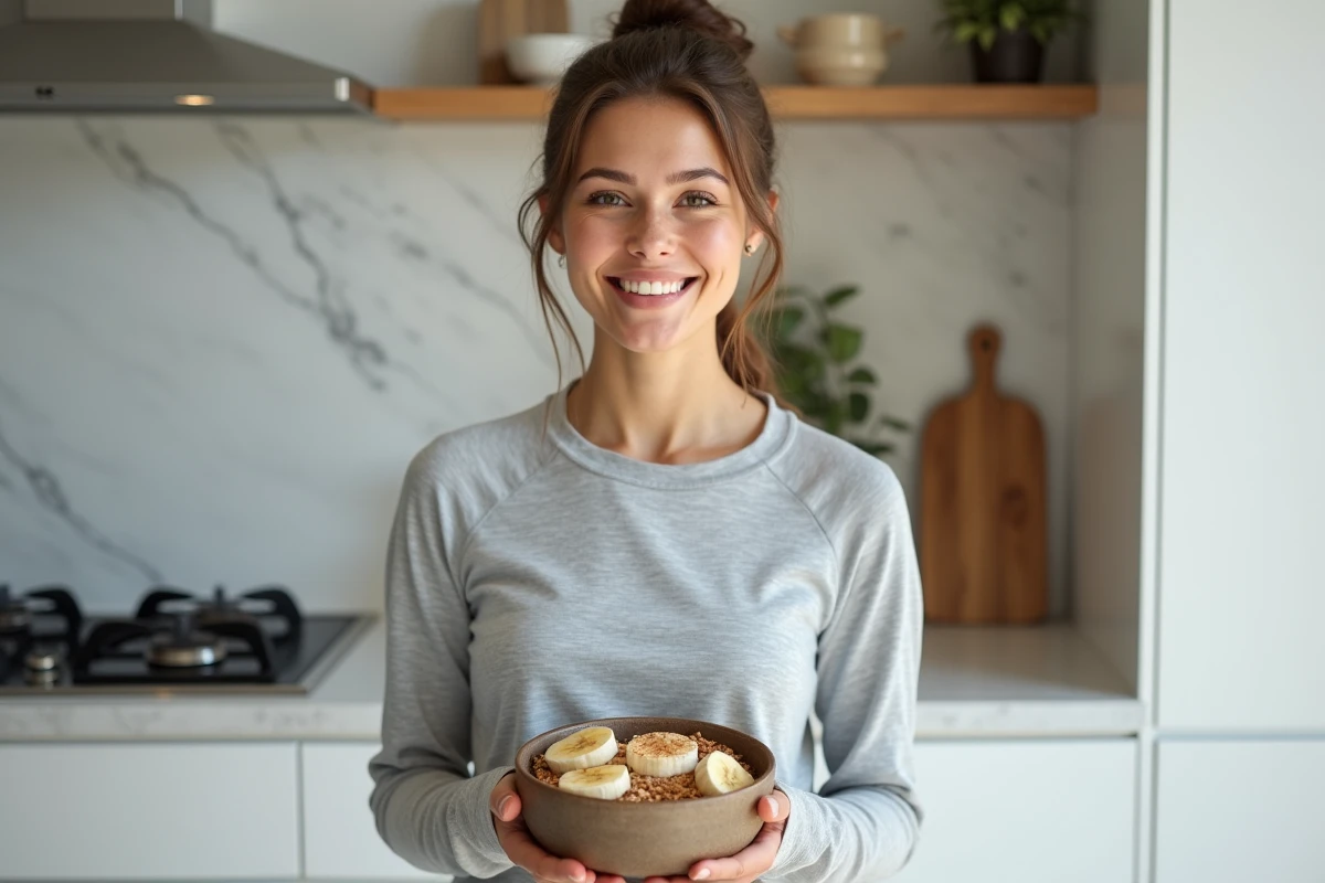 Jeune femme tenant un bol de gâteau flocon d'avoine sain au micro-ondes dans une cuisine moderne minimaliste, en tenue de sport légère
